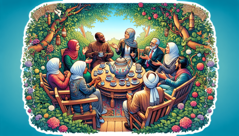 A vibrant illustration of a diverse group of people enjoying a meal outdoors in a lush, fruit-laden garden.