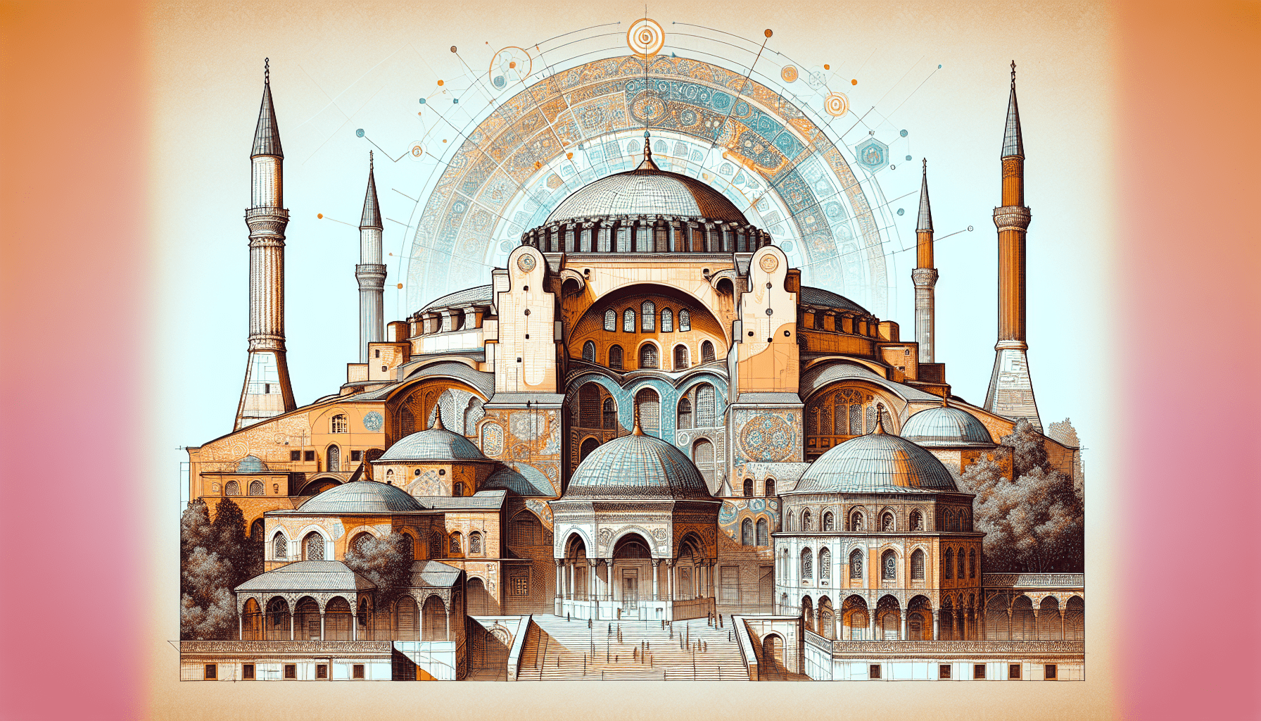 Illustration of a historical Byzantine architectural structure in Turkey, featuring multiple domes, minarets, and detailed archways, set against a gradient background.