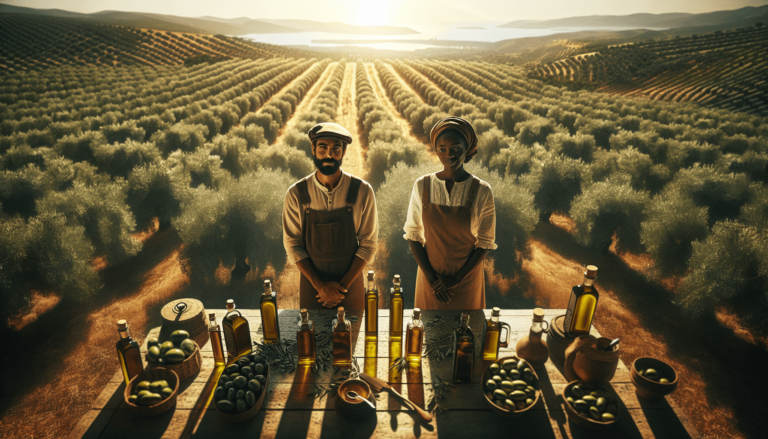 Two individuals presenting various olive oils and olives on a table in a vast, sunlit olive grove with a lake in the background.