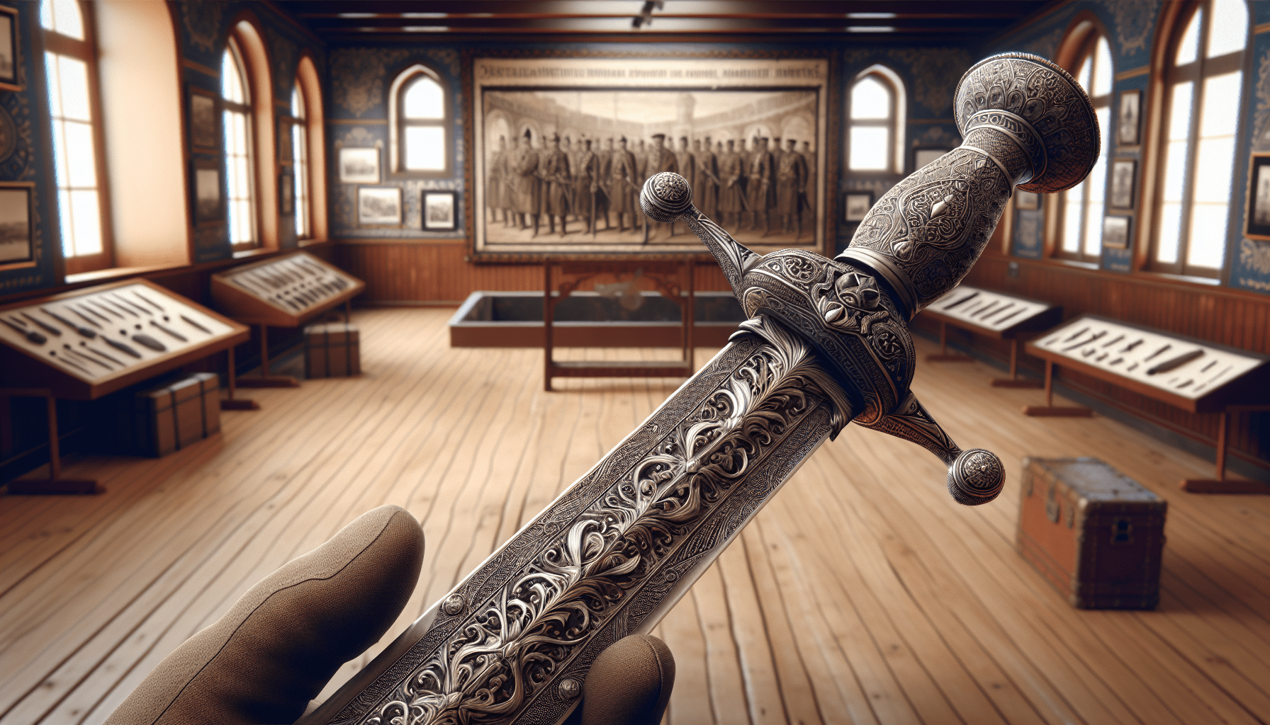 Close-up of a person holding an elaborately decorated sword with a museum exhibit in the background, including display cases, historical artifacts from Turkey, and an old photograph on the wall.