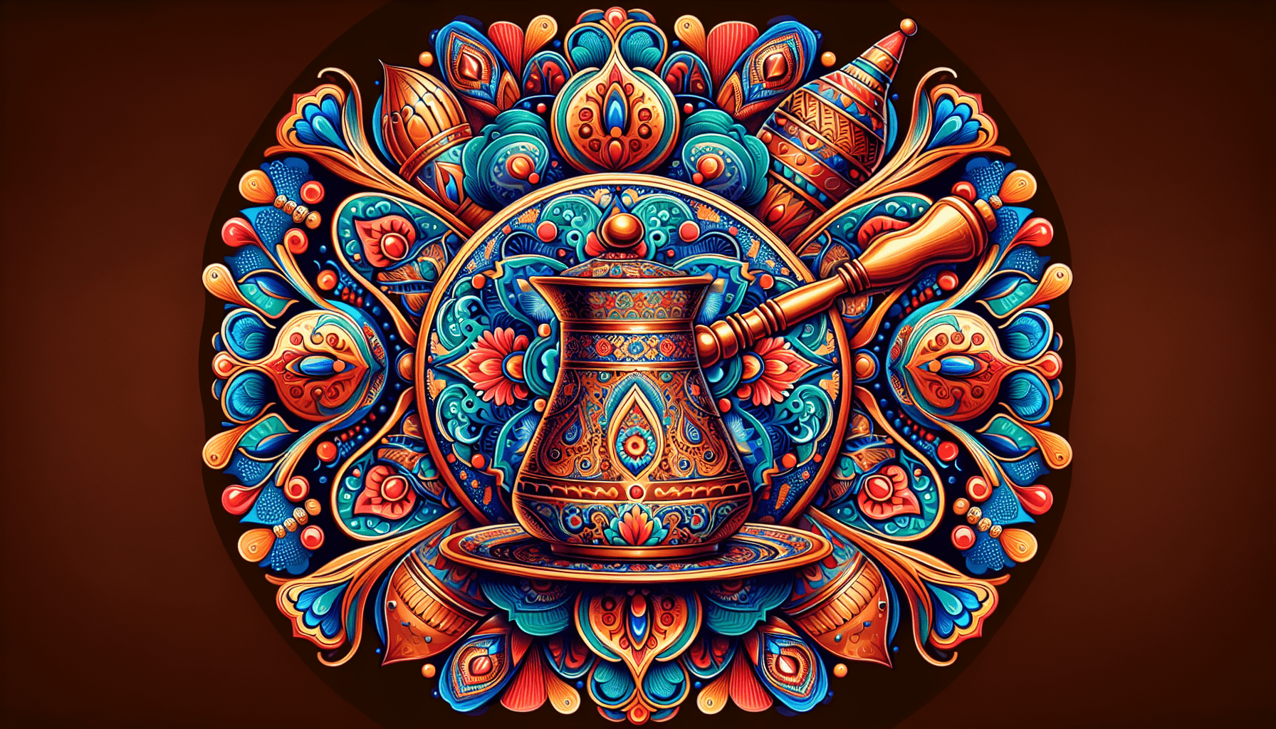 Intricate, colorful mandala featuring a detailed coffee pot and cup in the center, surrounded by ornate floral and geometric designs.