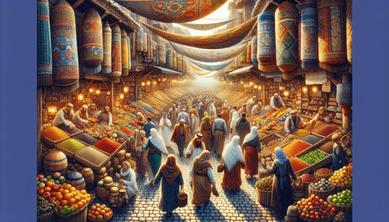 Vibrant market scene with stalls brimming with fruits, spices, and textiles under a canopy, bustling with people in traditional attire.