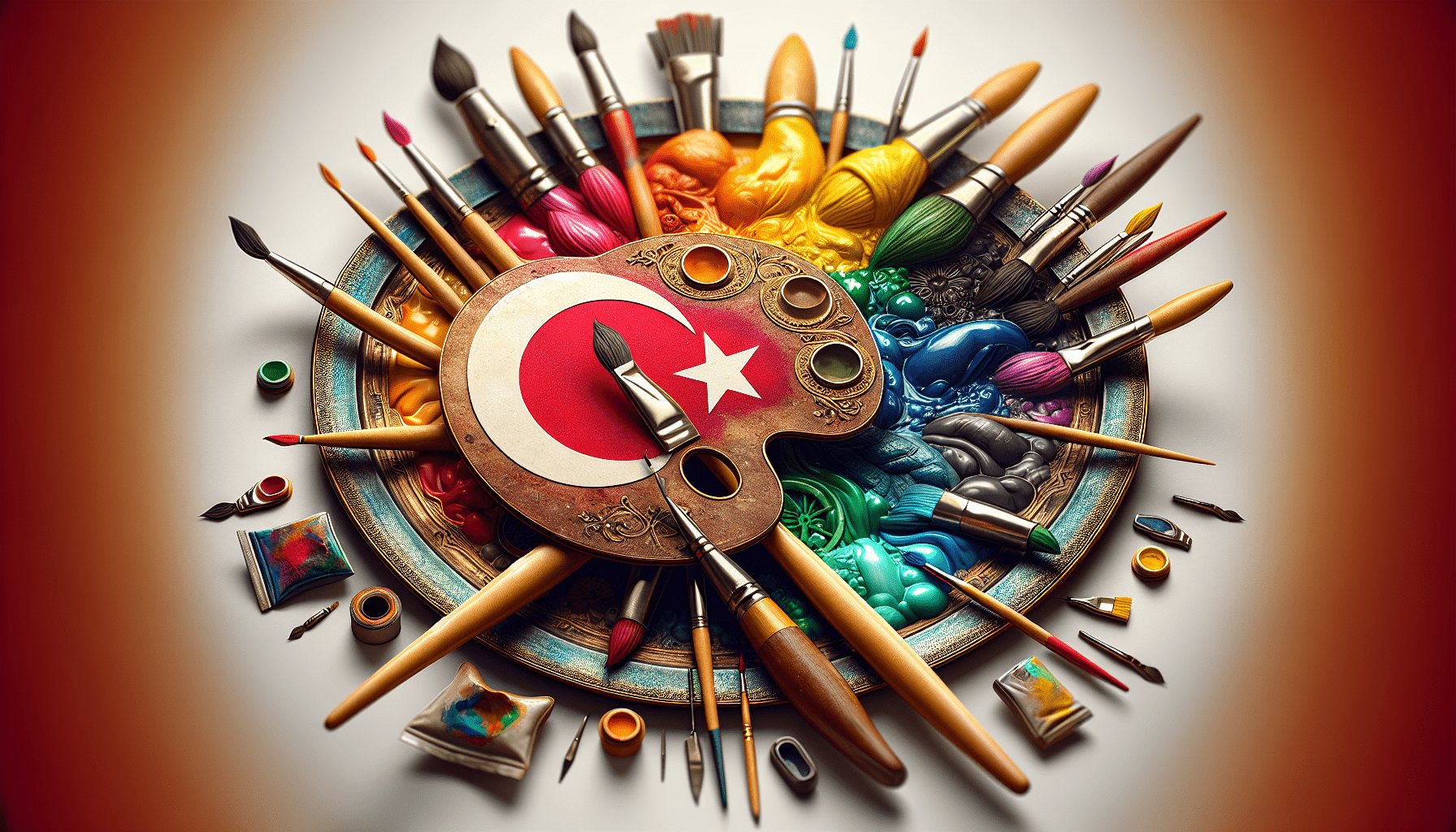 A painter's palette with the Turkish flag sits at the center of a circular arrangement of paintbrushes, paint tubes, and various art supplies displaying a spectrum of colors.