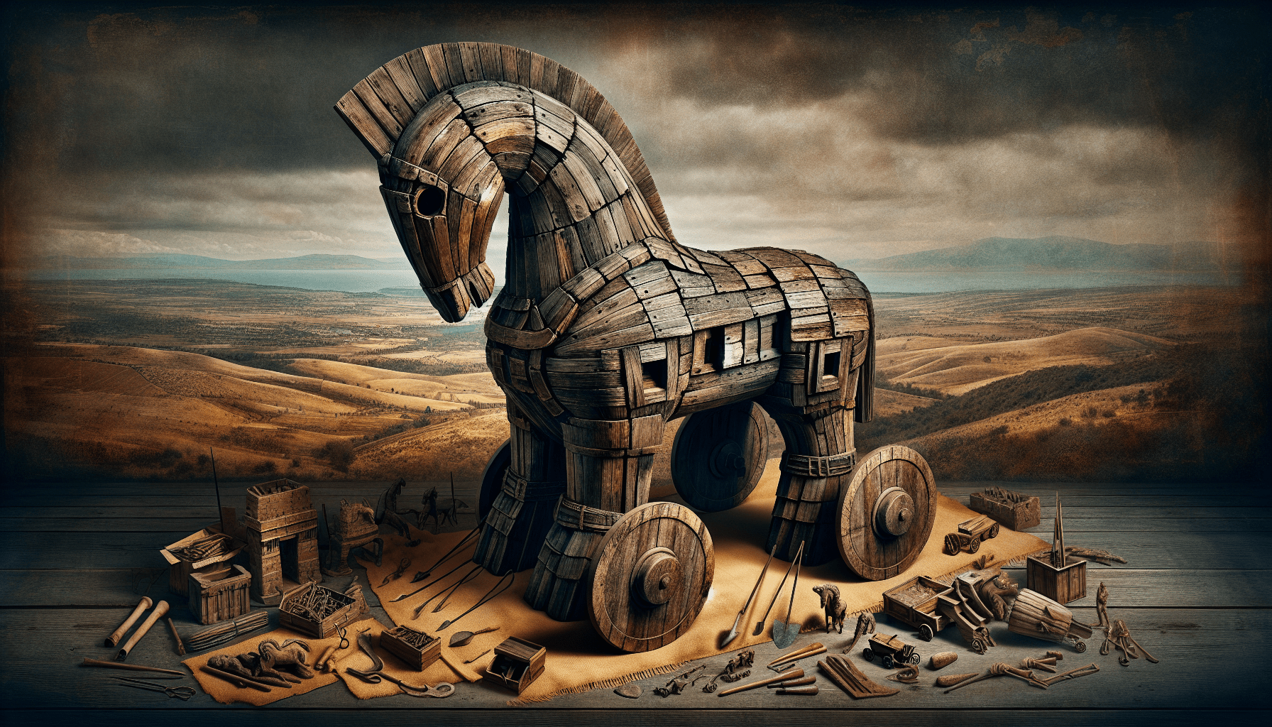 An intricately crafted wooden Trojan horse is surrounded by disassembled parts and tools, set against a vast landscape background.