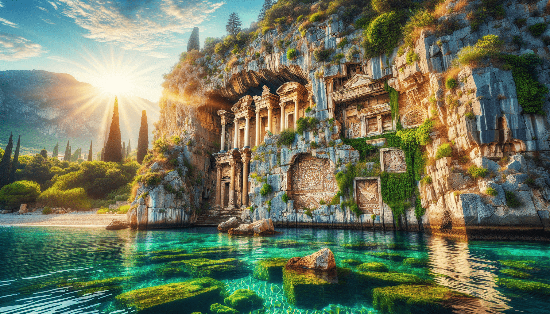 Ancient stone temple facade carved into a rocky cliff, surrounded by lush vegetation, with clear turquoise waters in the foreground and a bright sun shining through trees in the background.
