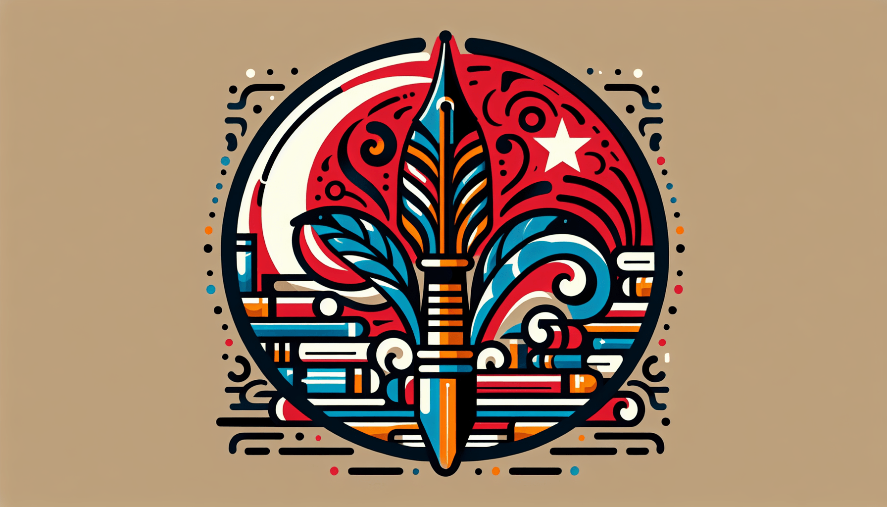 Stylized illustration of a fleur-de-lis centered on a circular background with books, a crescent moon, and a star in vibrant colors and intricate patterns, evoking the rich artistic heritage of Turkey.
