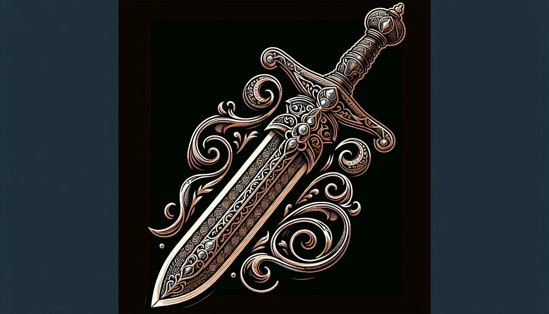 Intricately designed ornate sword with detailed engravings on the blade and hilt, surrounded by decorative flourishes inspired by Turkish motifs on a dark background.