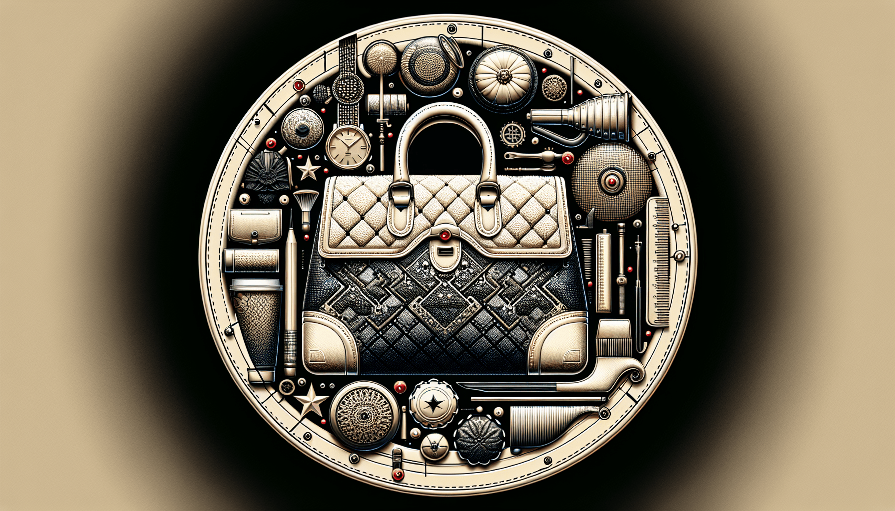 A round, detailed illustration of a beige and black luxury handbag surrounded by various mechanical components and gears in a collage-like arrangement, reminiscent of intricate designs found in Turkey.