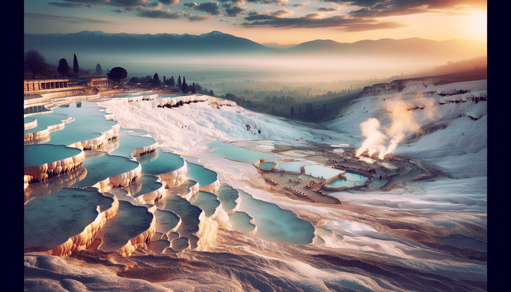 A scenic view of terraced thermal pools with mineral formations at sunrise or sunset in Turkey, with mountains in the distance and steam rising from some pools.