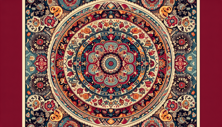 Ornate circular mandala with concentric rings of floral and geometric patterns in red, teal, orange, and cream tones.