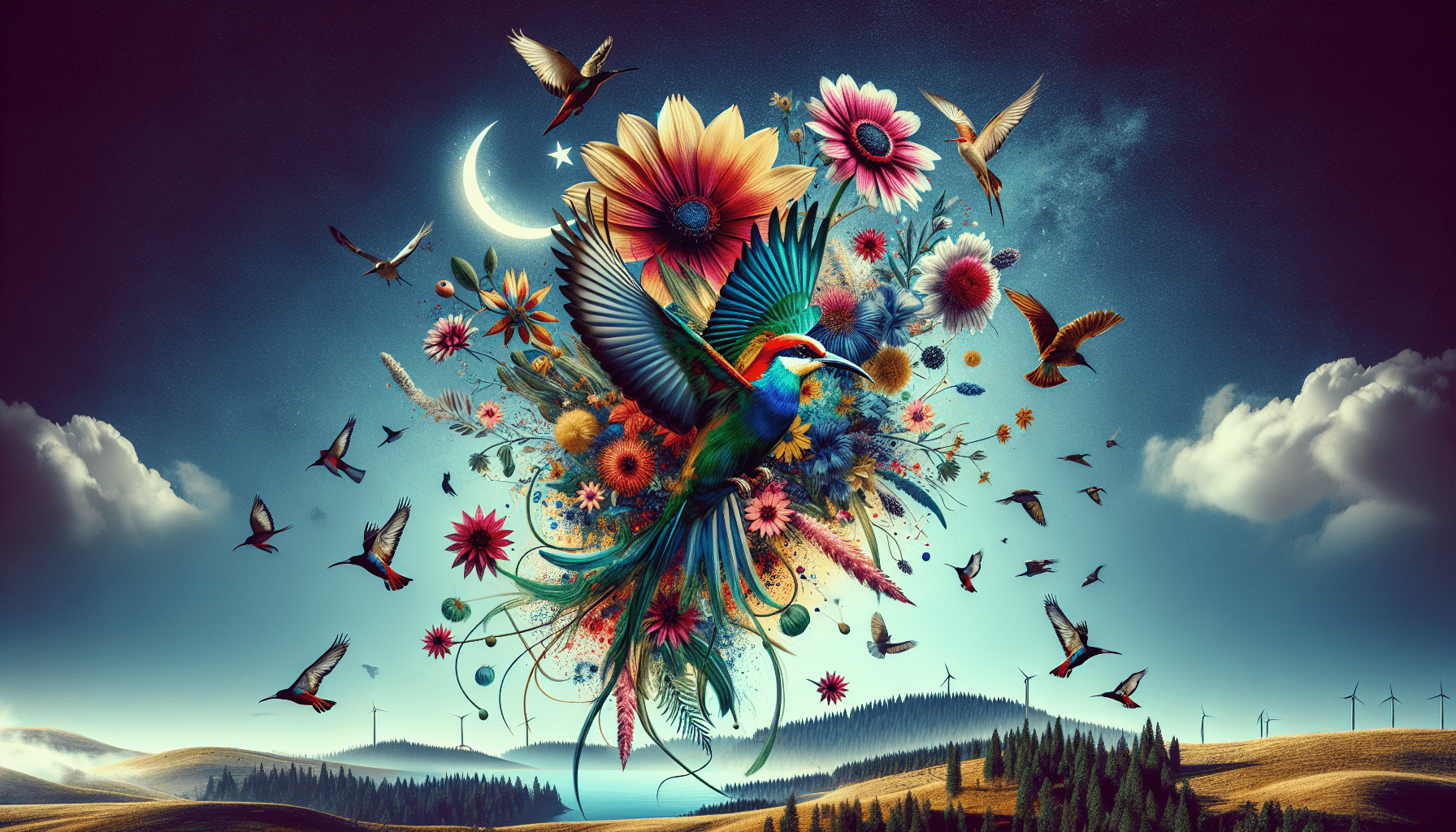 A colorful parrot with outstretched wings is surrounded by vibrant flowers and various birds in flight, set against a background featuring a crescent moon, rolling hills reminiscent of Turkish landscapes, and wind turbines.