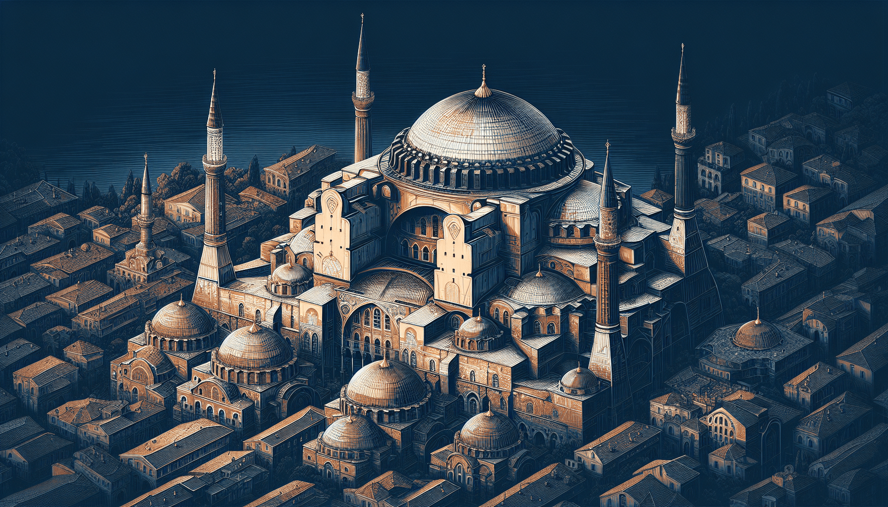 Aerial view of a grand, historic structure in Turkey with a prominent dome and multiple minarets, surrounded by a densely packed urban area. The architecture features intricate details and a mix of dark and light tones.