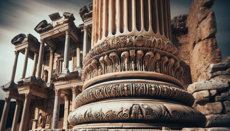 Close-up of ornate carved column base with acanthus leaves at ancient Roman ruins with columned facade in background