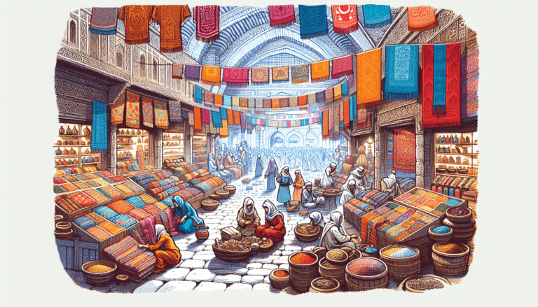 Colorful illustration of a bustling Middle Eastern bazaar with vendors selling textiles, spices, and crafts under arched c...