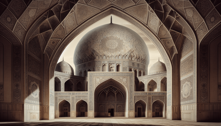 Ornate Islamic architecture with a large pointed arch framing a tiled dome, smaller domes, and intricate geometric patterns