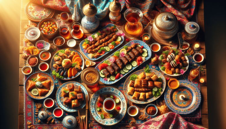 Overhead view of a lavish Middle Eastern feast with kebabs, baklava, tea, and colorful dishes on ornate plates