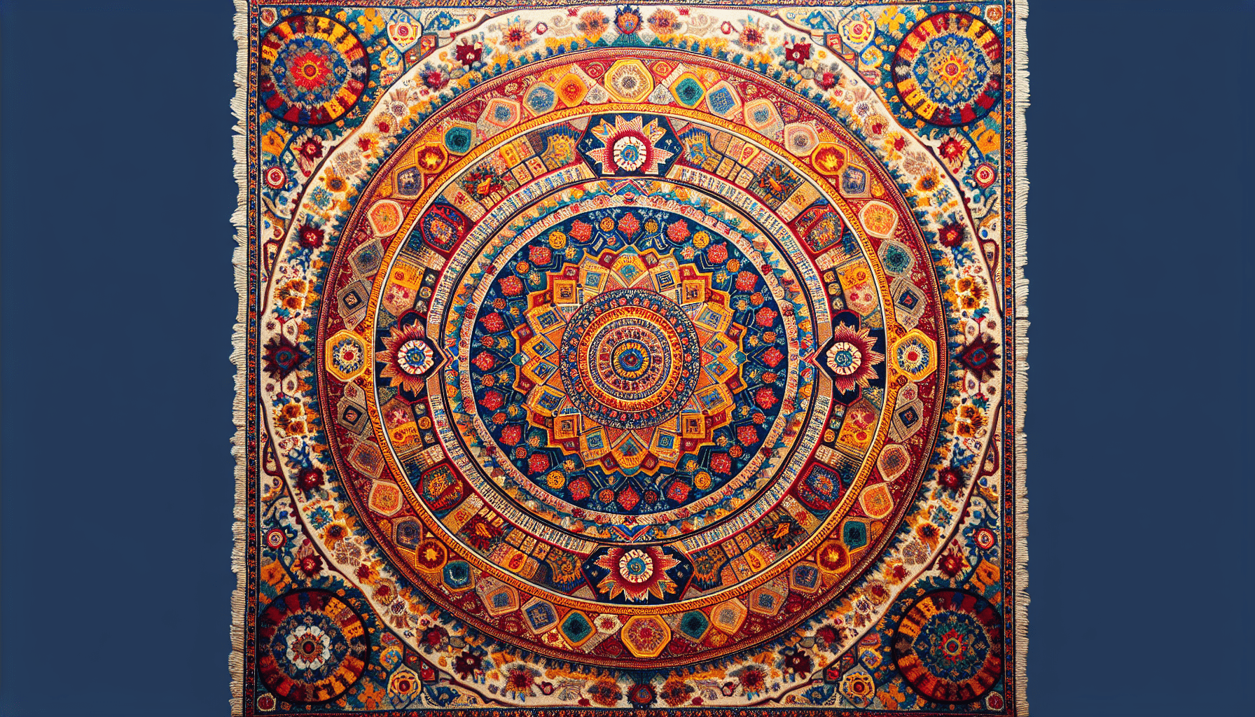 A detailed, colorful mandala-patterned rug with intricate geometric designs and floral motifs on a blue background, inspired by traditional Turkish craftsmanship.