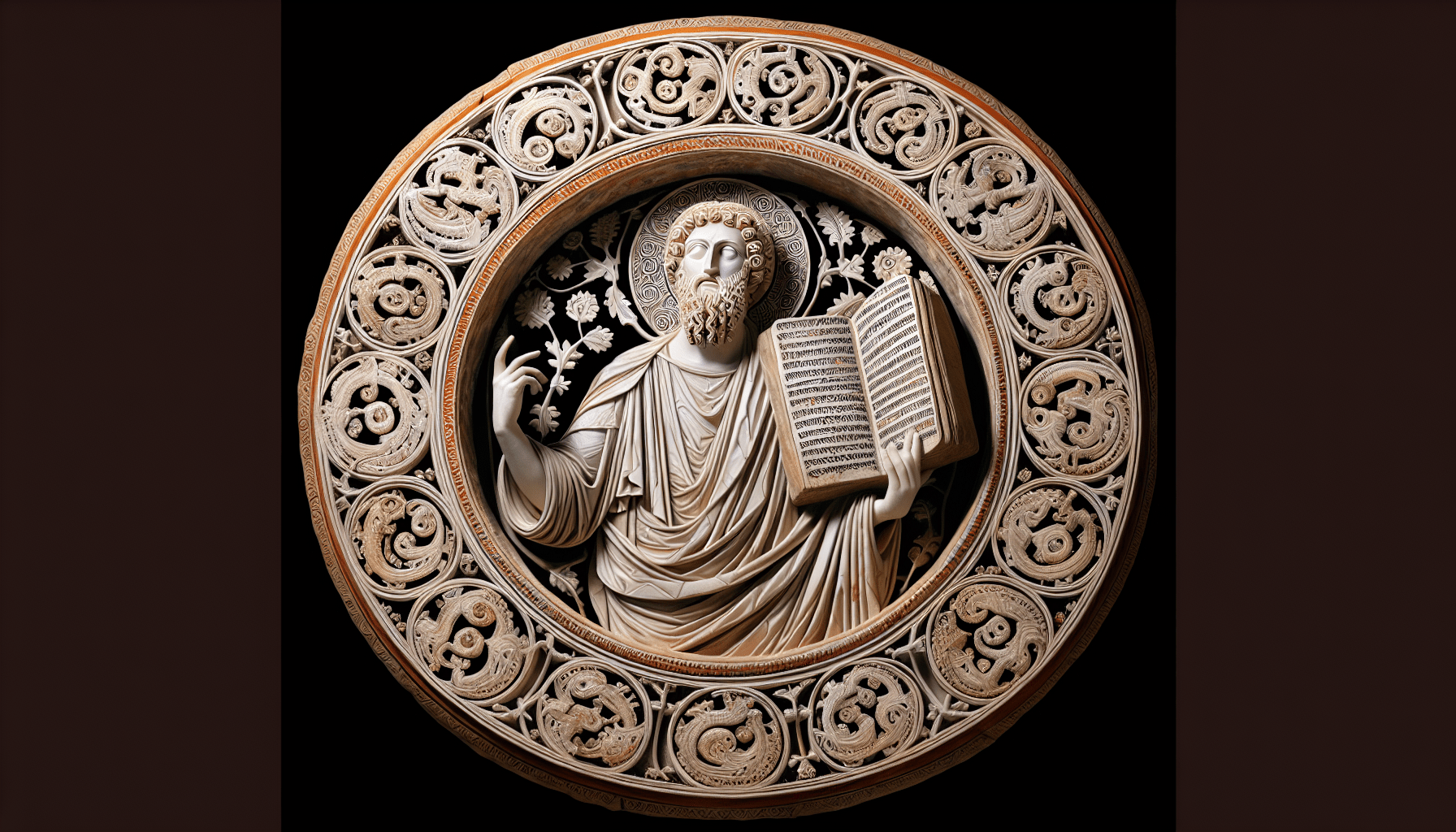 Intricately carved circular relief from Turkey featuring a robed figure with halo holding a detailed open book, surrounded by ornate floral and vine patterns.