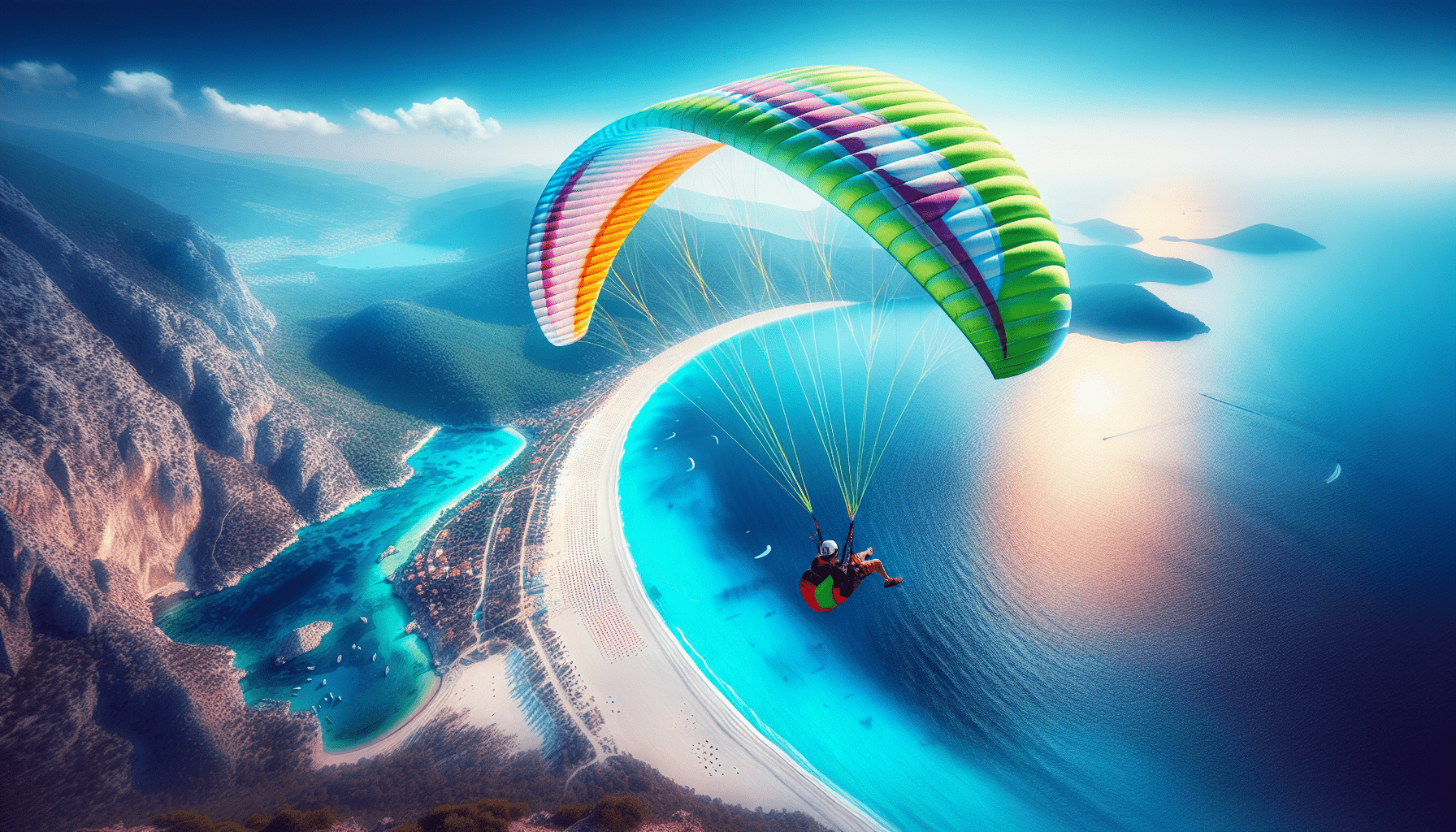 A paraglider with a colorful parachute soars over a stunning coastal landscape in Turkey, featuring a turquoise bay, sandy beach, and rugged cliffs under clear skies.