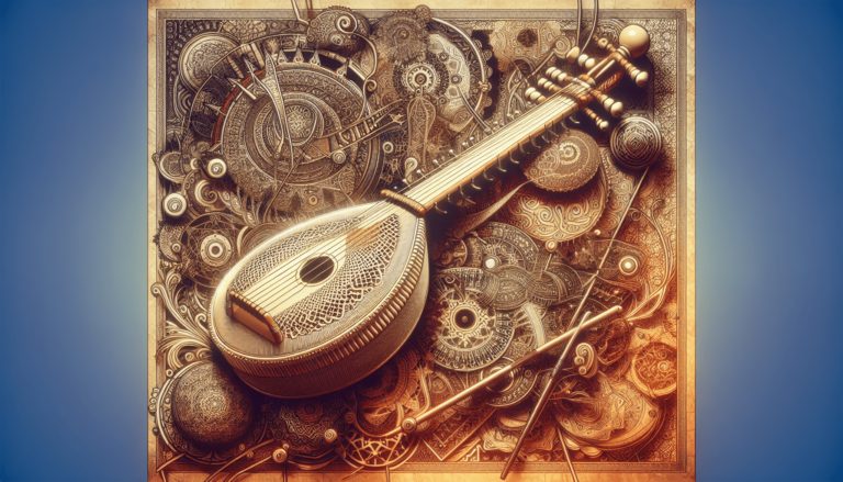 Ornate illustration of a lute or oud instrument surrounded by intricate geometric and floral patterns in sepia tones