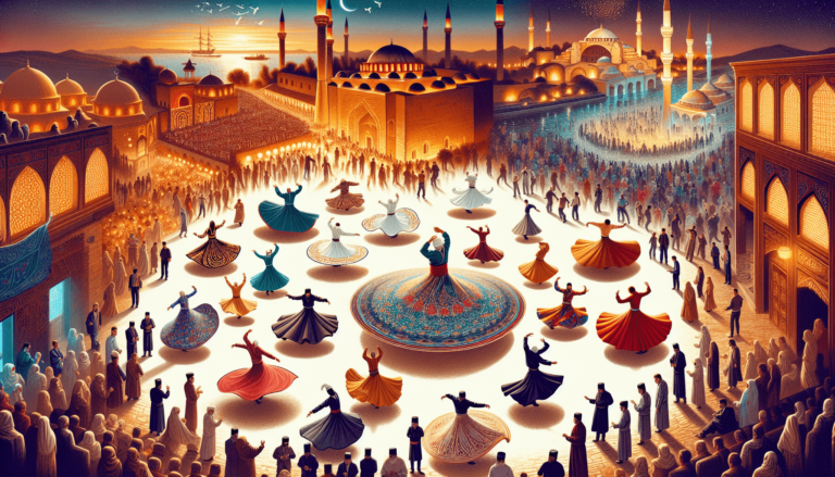 Whirling dervishes in colorful robes spinning in a grand plaza surrounded by crowds and illuminated mosques at twilight