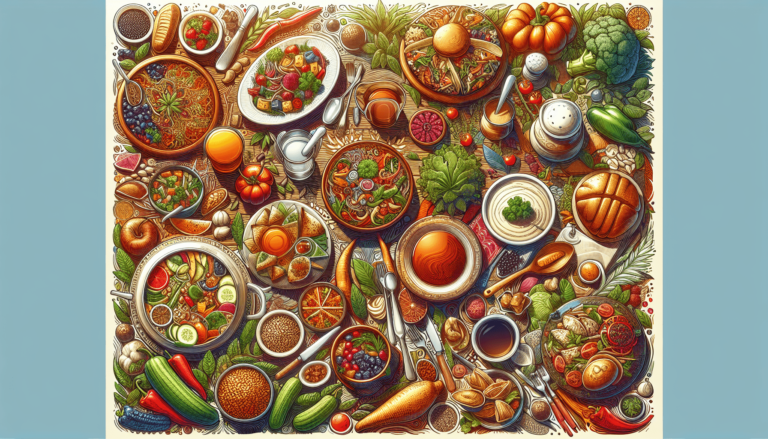 Colorful illustrated overhead view of a table filled with diverse dishes, vegetables, fruits, soups, salads, and utensils