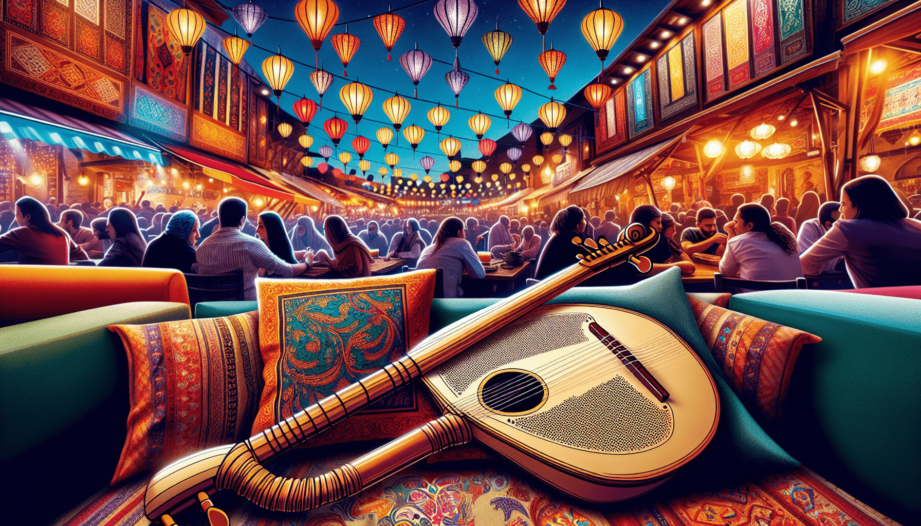A vibrant marketplace scene at night, featuring colorful hanging lanterns and a crowded seating area. In the foreground, a traditional Turkish stringed musical instrument rests on patterned cushions.