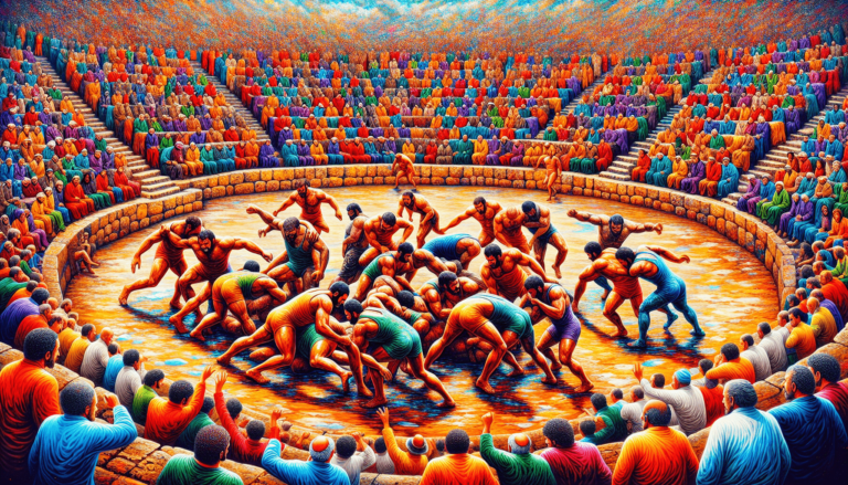 Colorful painting of wrestlers grappling in a circular mud arena surrounded by vibrant crowds in tiered stone seating