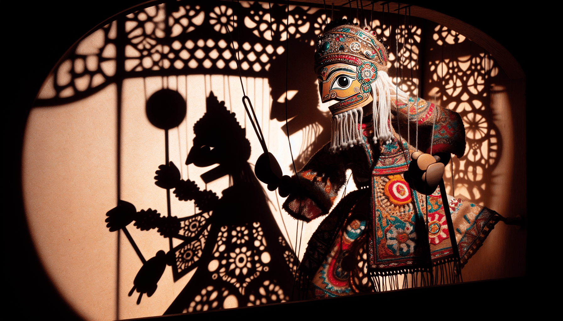 A traditional shadow puppet show with an intricately designed puppet in colorful Turkish attire, casting a detailed shadow against a patterned backdrop.