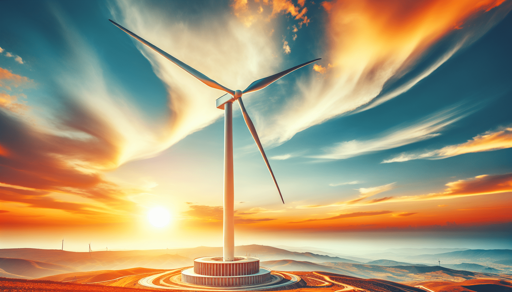 A large wind turbine stands against a vibrant sunset backdrop in Turkey, with swirling clouds and distant hills in the background.