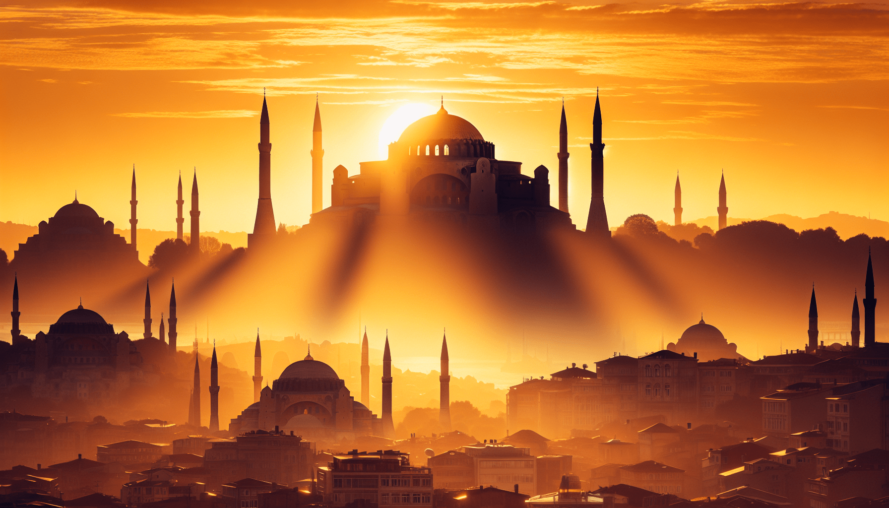 A sunrise illuminates a skyline with a prominent domed building and multiple minarets, creating a silhouette against the orange sky, reminiscent of the architectural beauty found in Turkey.
