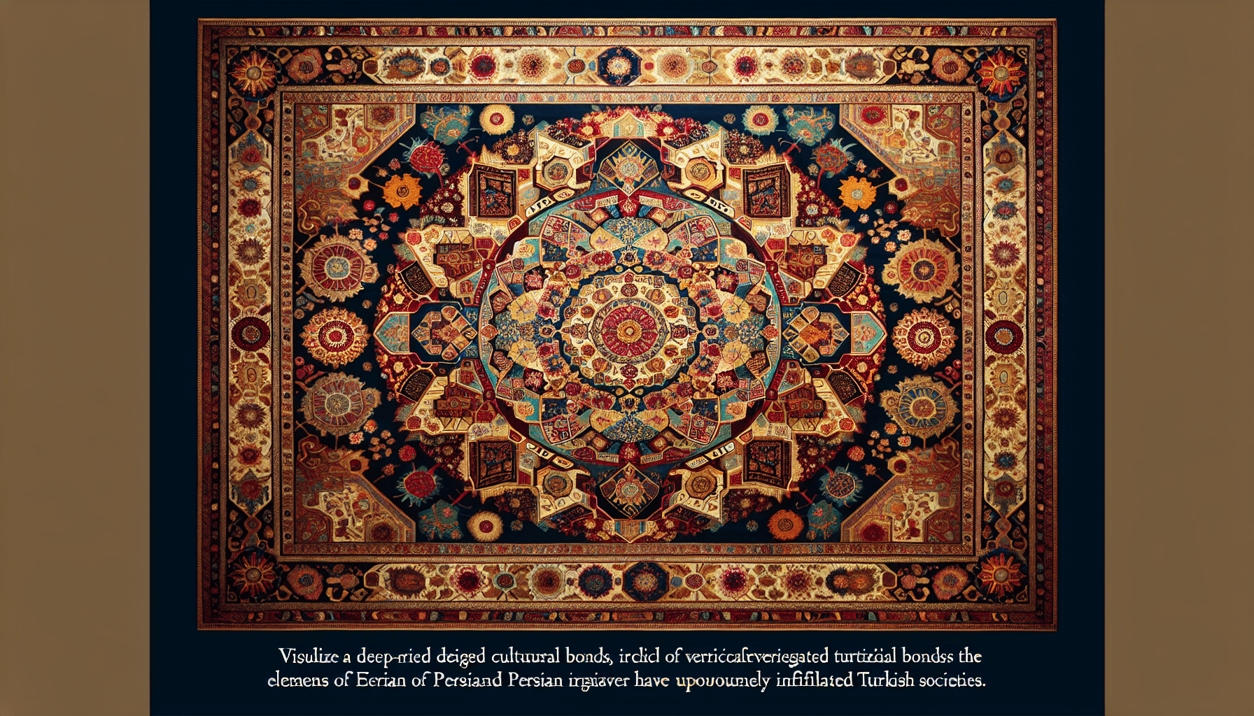 An intricate circular Persian rug design with dense, colorful geometric and floral motifs. Text below discusses the historical influence of Persian design on Turkish culture, highlighting how these rich patterns have also shaped traditional rugs in Turkey.