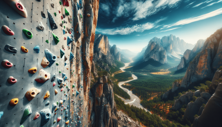 Indoor climbing wall with colorful holds merging into an outdoor mountain cliff face overlooking a forested valley