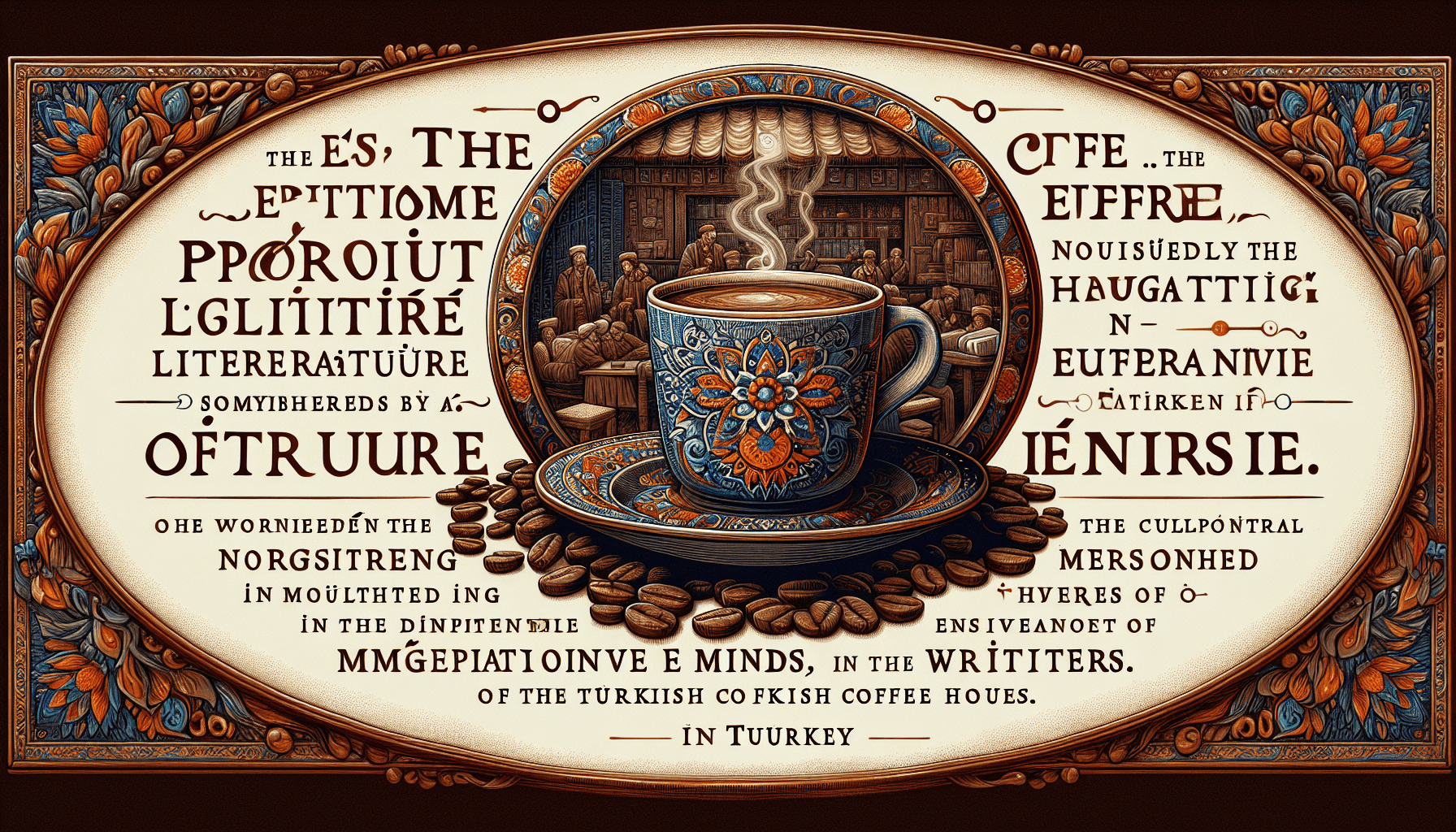 An ornate, detailed illustration depicting a coffee cup with an intricately patterned design, surrounded by coffee beans and a text-filled background referencing Turkey's rich coffeehouse culture and literature.