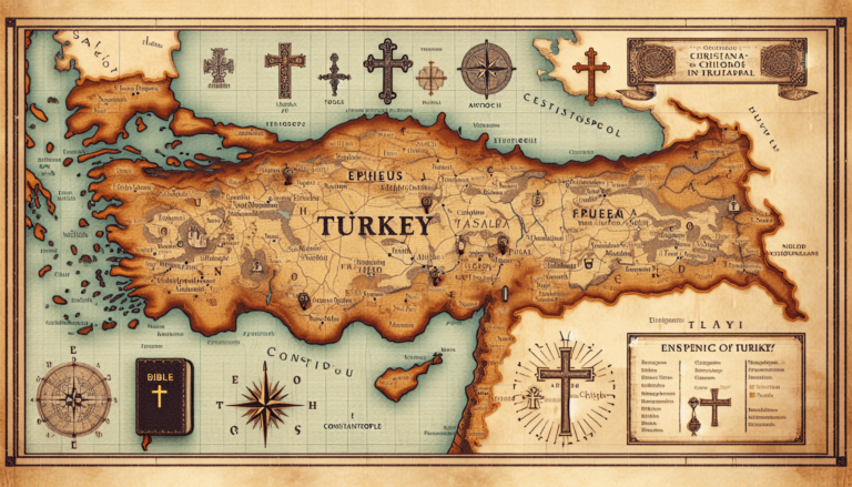 Vintage-style map of Turkey with Christian crosses, Bible, compass rose, and labeled biblical cities like Ephesus and Cons...