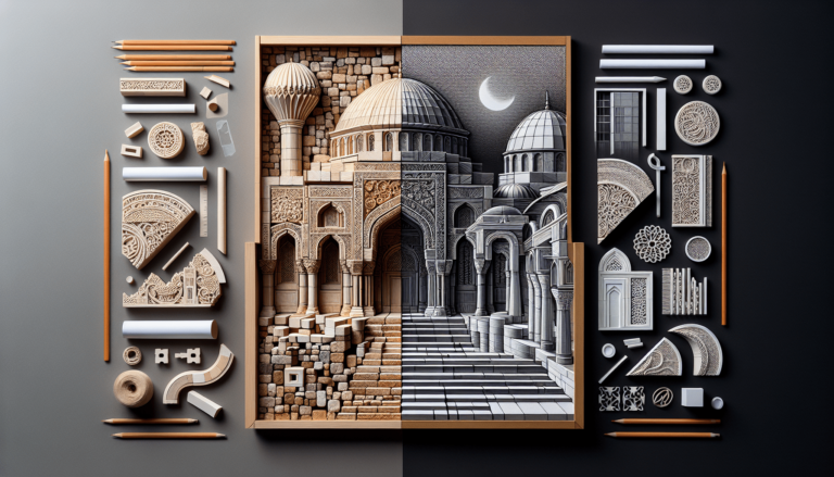 Split artwork of Islamic architecture: left side in warm stone tones, right side in black and white, with decorative eleme...
