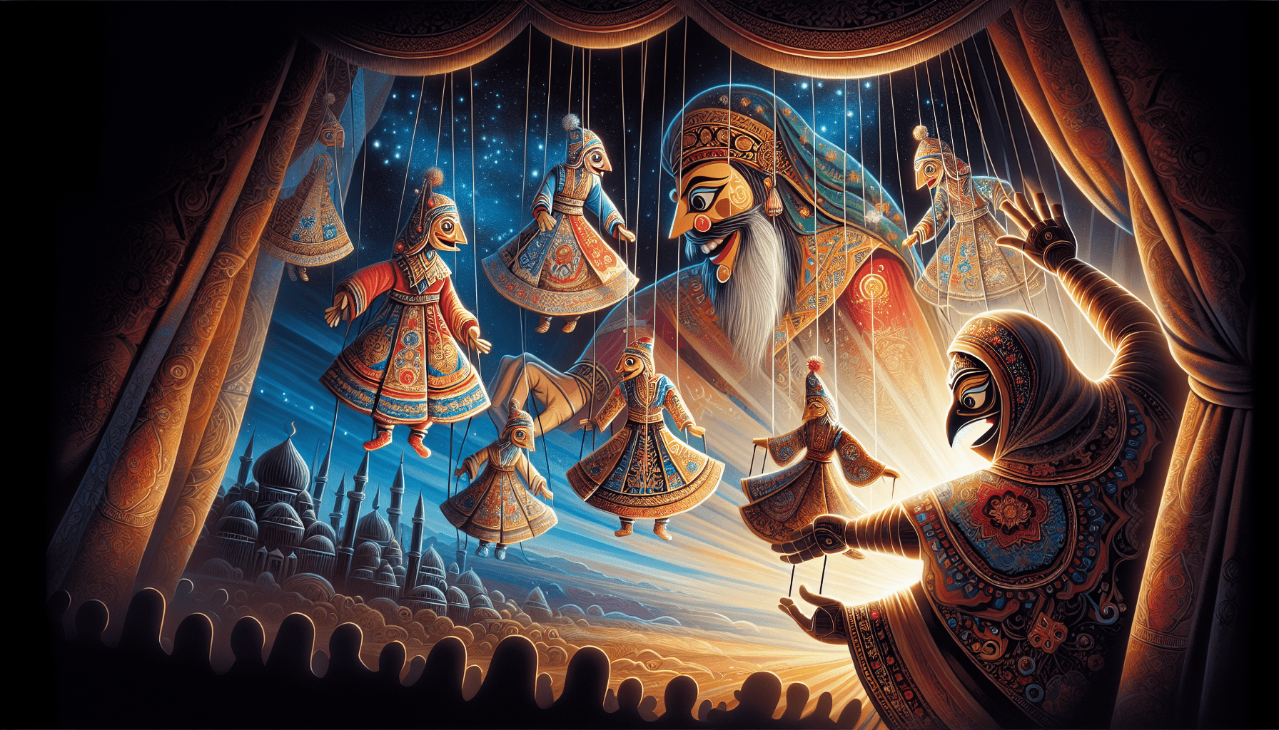 Intricately designed marionette puppets dressed in traditional Turkish costumes perform on stage, controlled by larger puppets. The background shows a nighttime sky with stars and an ornate cityscape.
