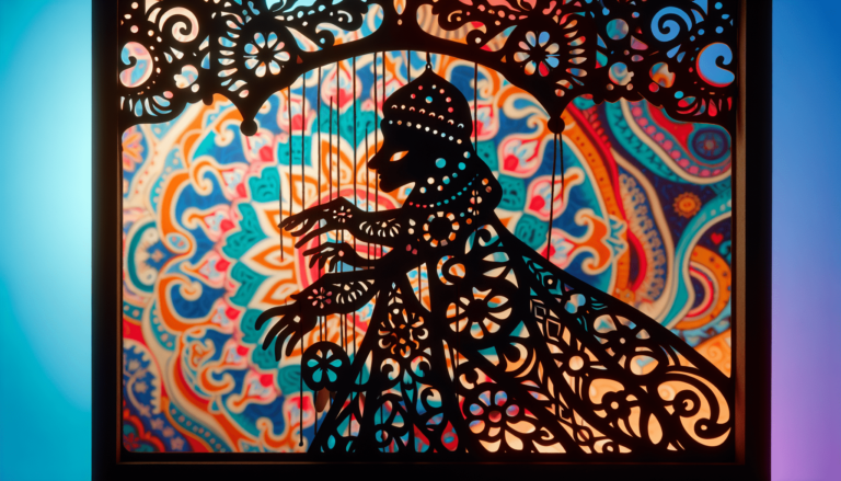 Ornate shadow puppet silhouette with intricate cutout patterns against a colorful paisley-patterned backlit screen