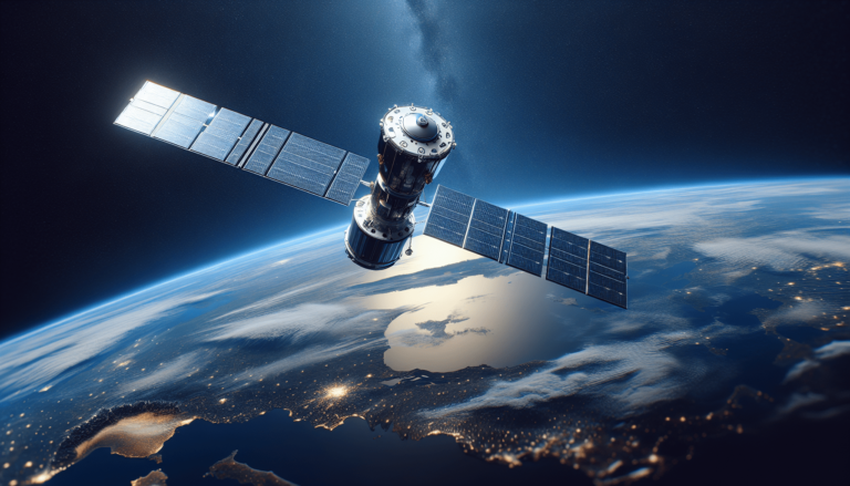 Satellite with extended solar panels orbiting Earth above a sunlit coastline with city lights visible at night