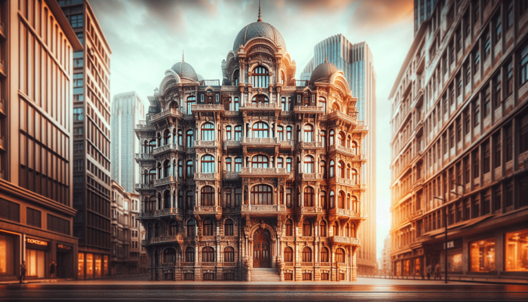 Ornate multi-story building with domed rooftops and arched windows stands between modern city buildings at golden hour