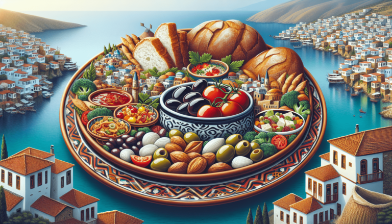 Illustrated Mediterranean platter with bread, olives, tomatoes, and dips set against a coastal Greek village backdrop