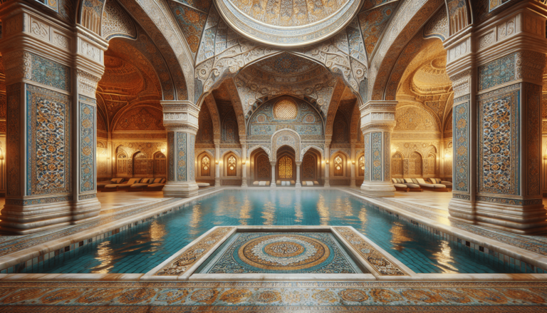 Ornate Islamic bathhouse interior with turquoise pool, intricate mosaic tilework, arched columns, and domed ceiling