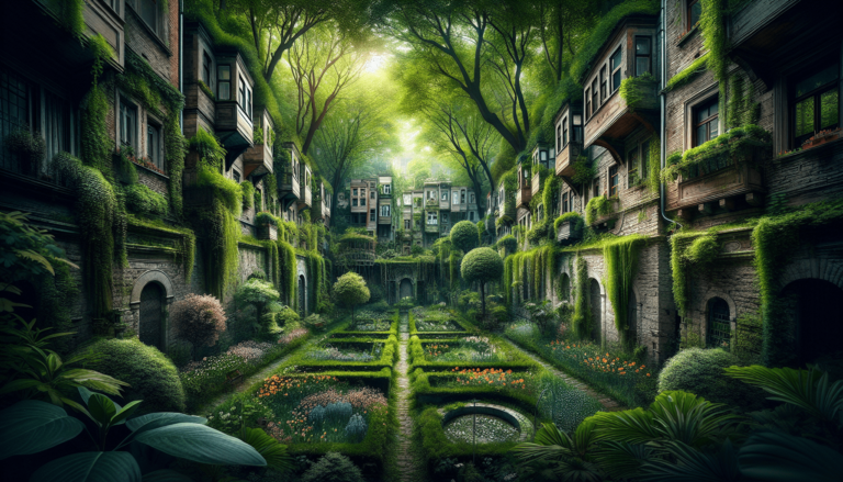 Lush green courtyard with ivy-covered stone buildings, formal garden beds with colorful flowers, and tall trees overhead
