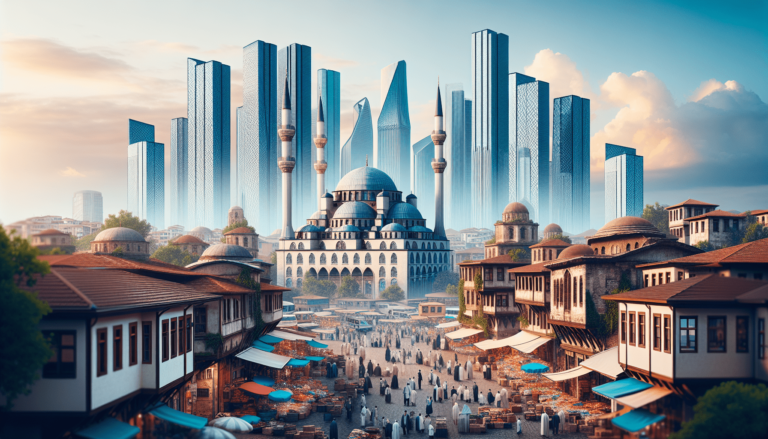 Bustling Turkish bazaar with traditional Ottoman houses, a large mosque, and modern glass skyscrapers in the background