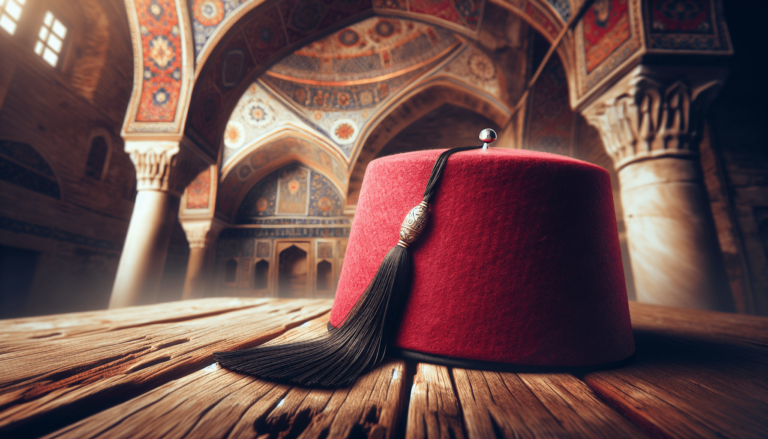 Red fez hat with black tassel on a wooden surface inside an ornate building with colorful Islamic-style arched ceilings