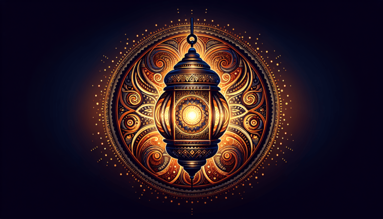 Ornate golden Arabic lantern glowing against a dark background with intricate circular mandala pattern and swirling designs