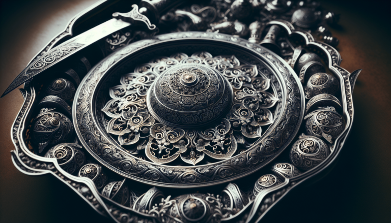 Ornate silver shield with intricate floral engravings, central dome boss, and a decorative dagger resting on top