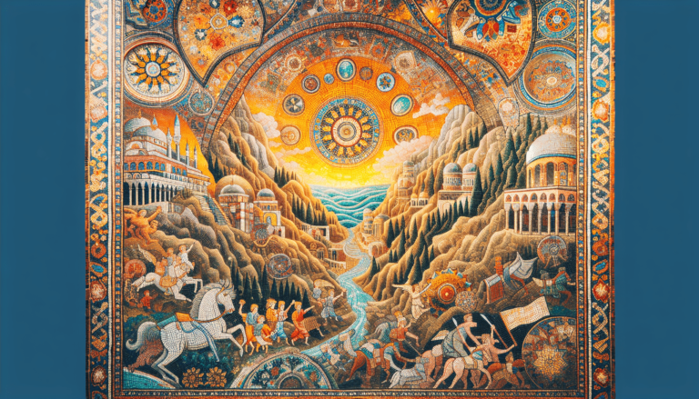 Ornate mosaic artwork depicting a mountainous landscape with horseback riders, ancient buildings, a river, and celestial s...