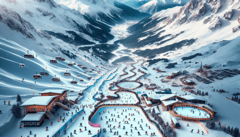 Aerial view of a busy ski resort with chairlifts, snow-covered mountains, chalets, ice rinks, and skiers on slopes