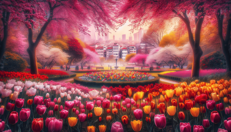 Colorful tulip garden with pink, red, orange and yellow blooms under cherry blossom trees with a city skyline behind